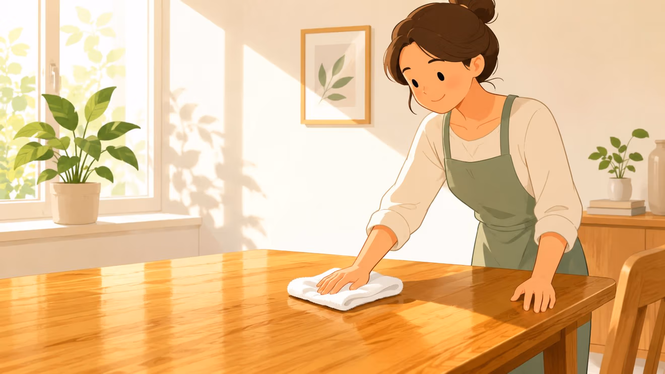 A woman wearing a green apron wipes a polished wooden table with a soft white cloth.
