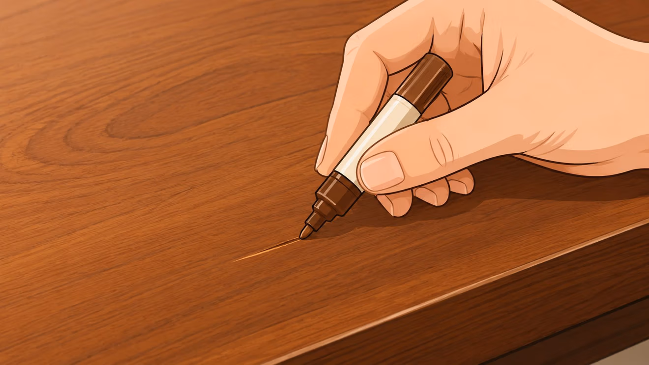 A hand using a brown touch-up marker to repair a scratch on a wooden furniture surface.
