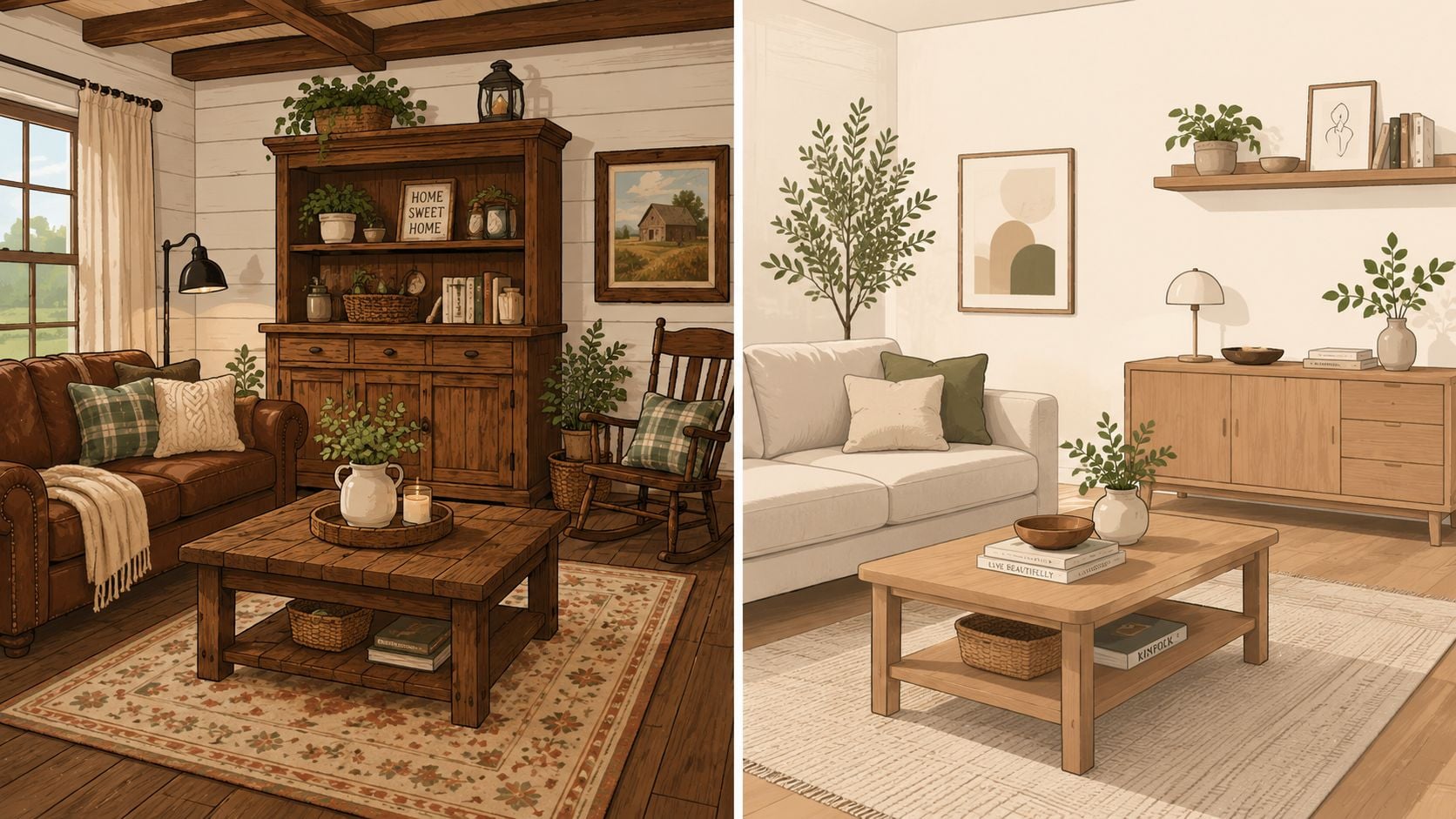 A side-by-side comparison of a rustic farmhouse living room and a modern minimalist living room design.