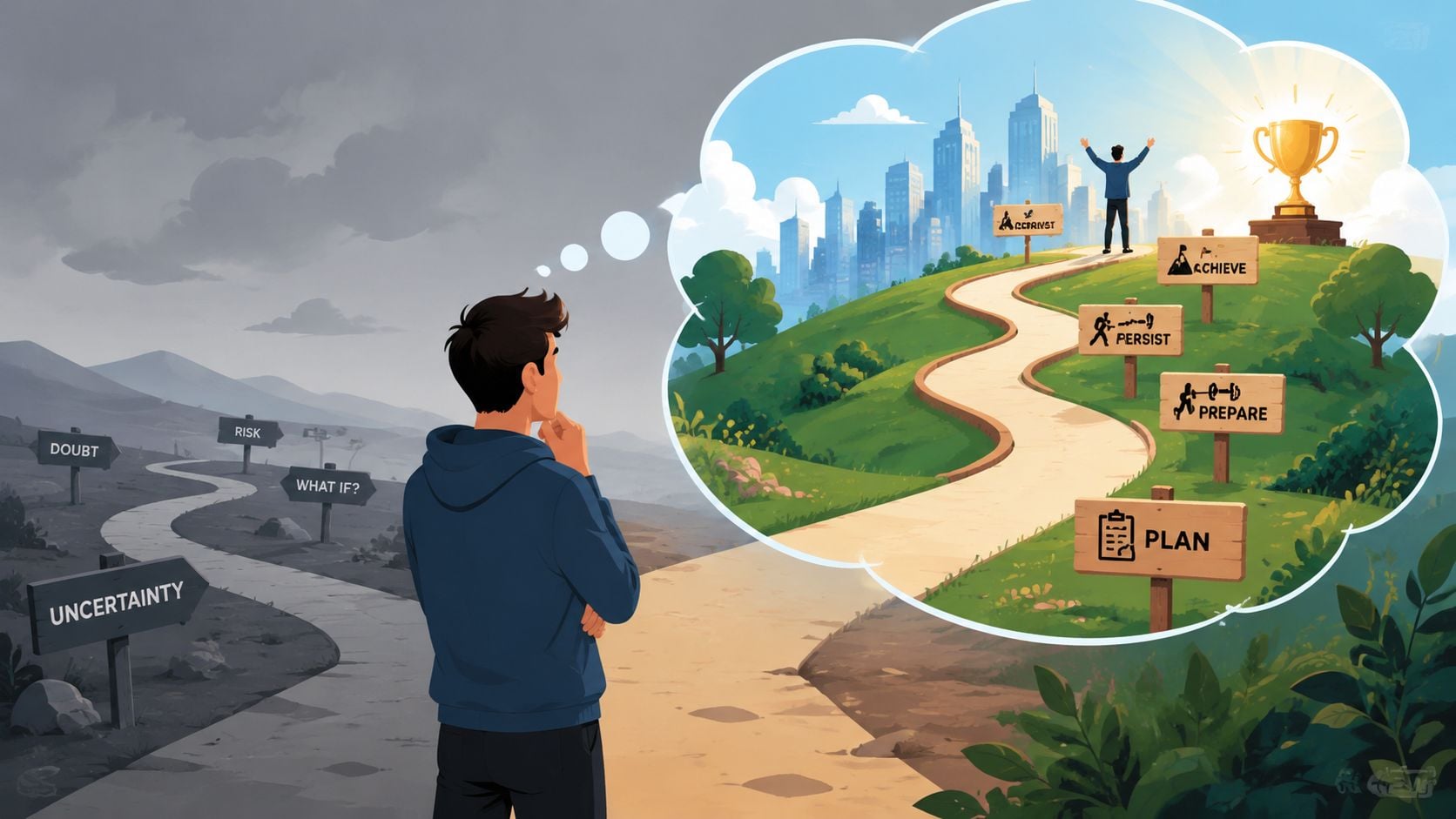 A person choosing between a dark path of uncertainty and a bright, successful path toward goals.