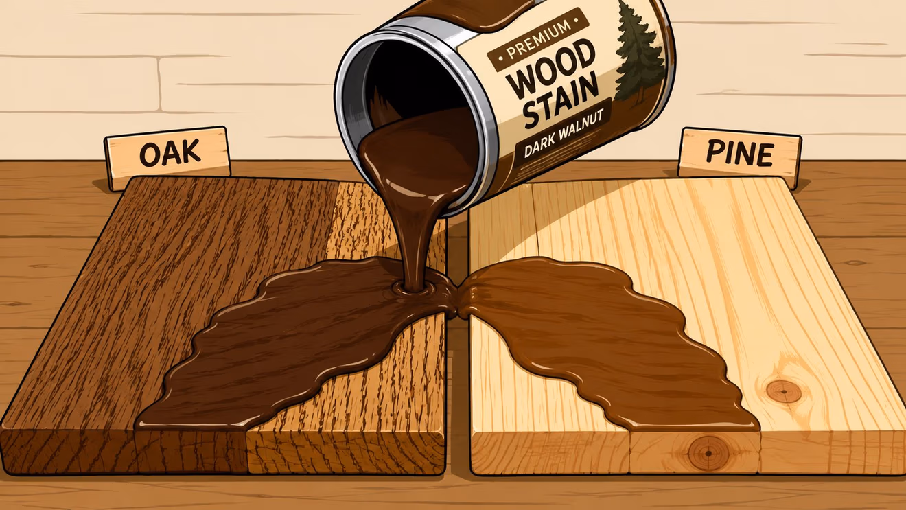 A can of dark walnut wood stain being poured onto oak and pine wooden boards side-by-side.