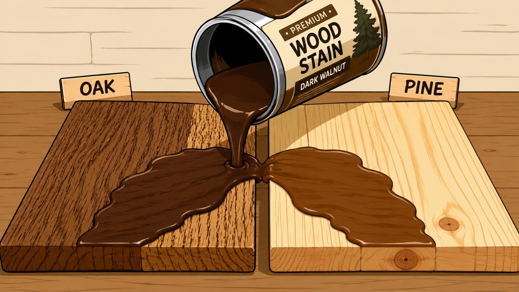 A can of dark walnut wood stain being poured onto oak and pine wooden boards side-by-side.