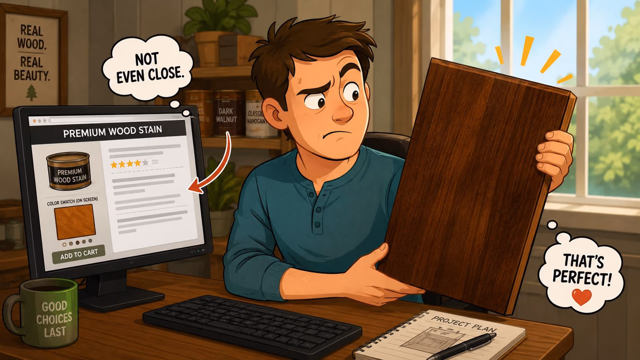 A man looks frustrated at a computer screen showing a wood stain color that does not match his actual stained wooden board.