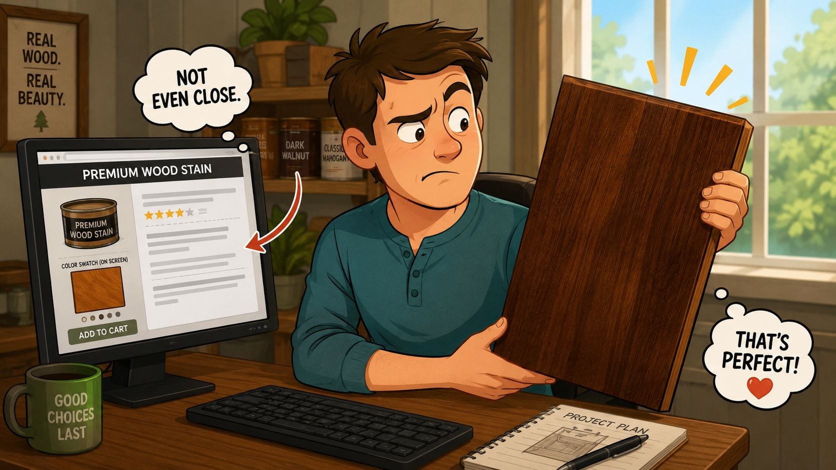 A man looks frustrated at a computer screen showing a wood stain color that does not match his actual stained wooden board.