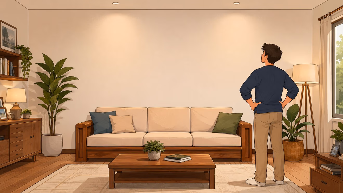 A young man standing in a modern living room looking at a large empty beige wall.