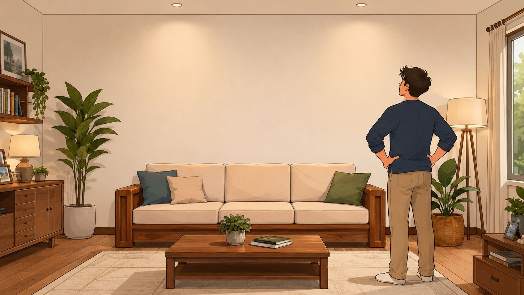 A young man standing in a modern living room looking at a large empty beige wall.