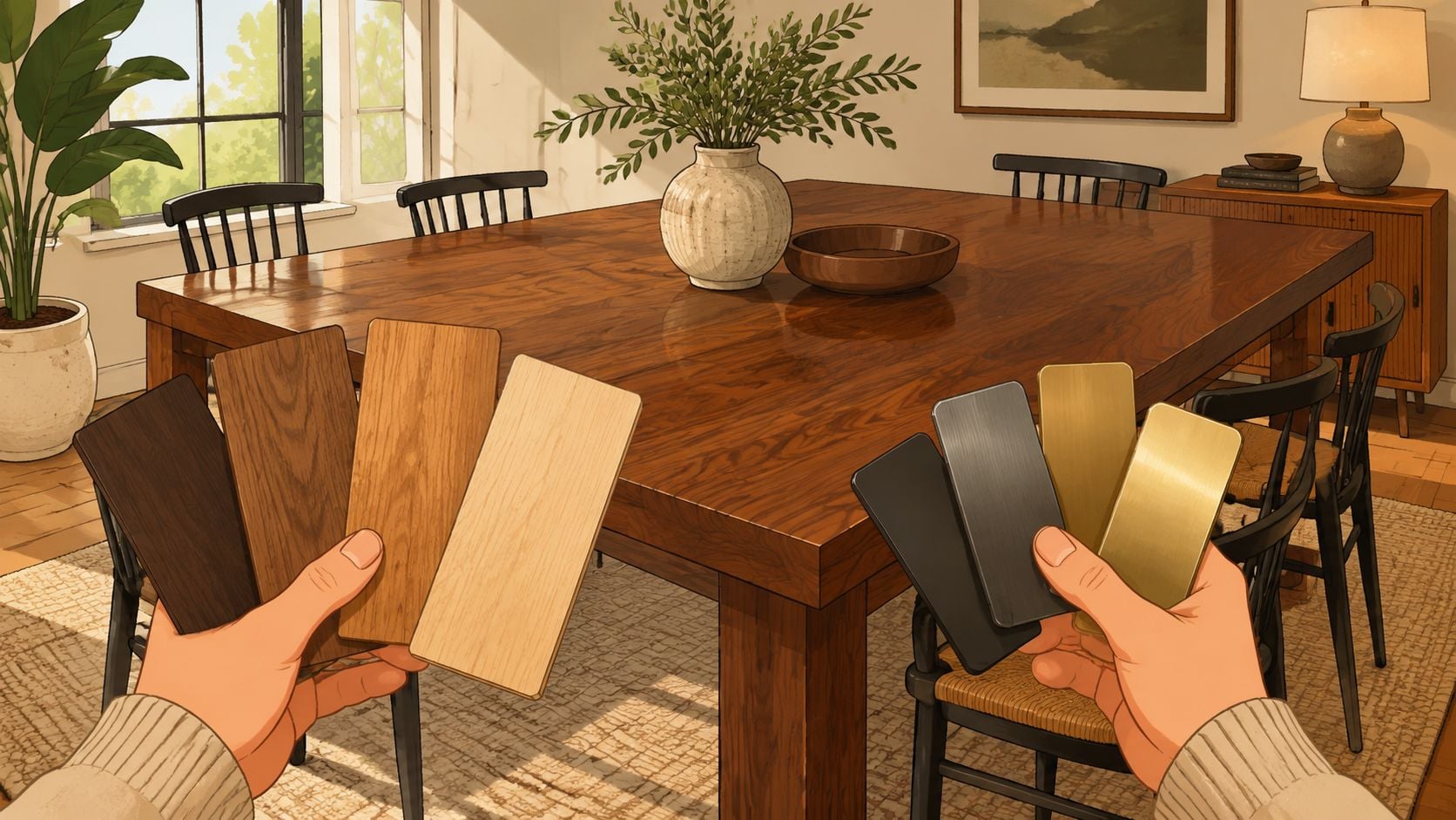A person holding wooden and metallic material swatches against the backdrop of a modern wooden dining room.