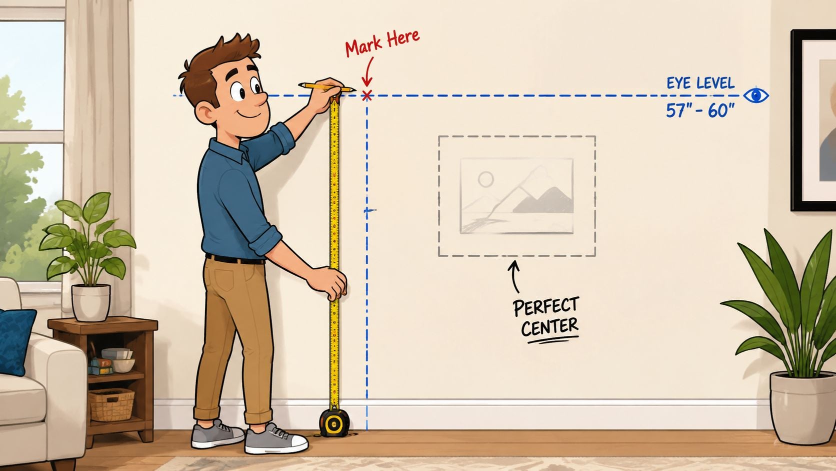 A man measuring the wall height to hang a picture frame at the correct eye level.