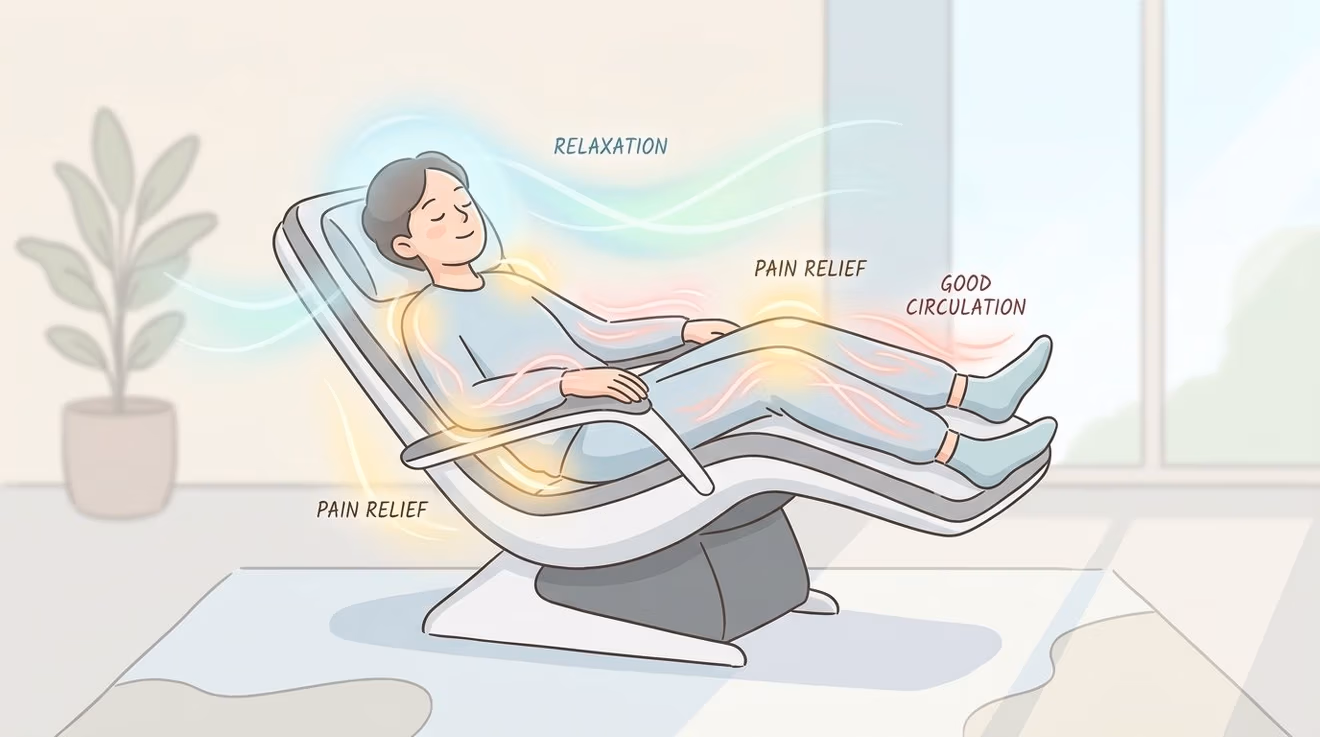 A person relaxing in a modern zero gravity recliner illustrating health benefits like pain relief and circulation.