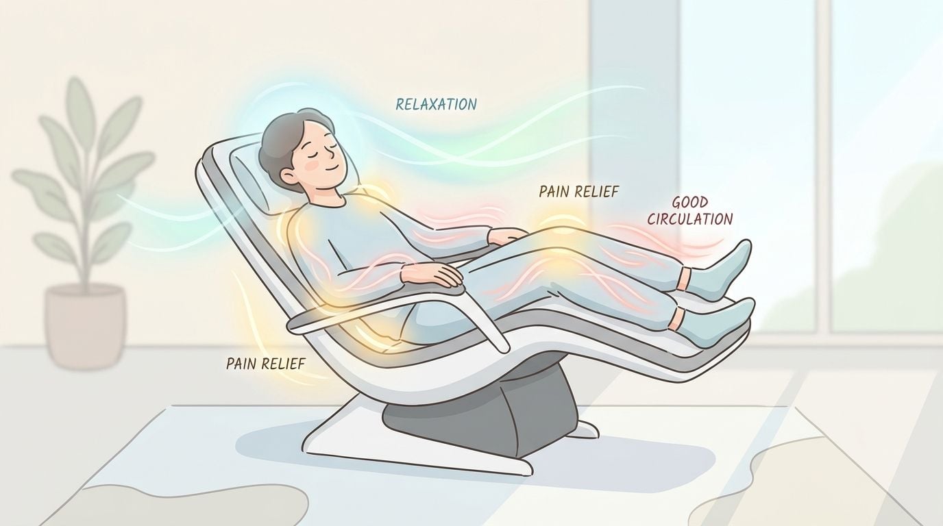 A person relaxing in a modern zero gravity recliner illustrating health benefits like pain relief and circulation.