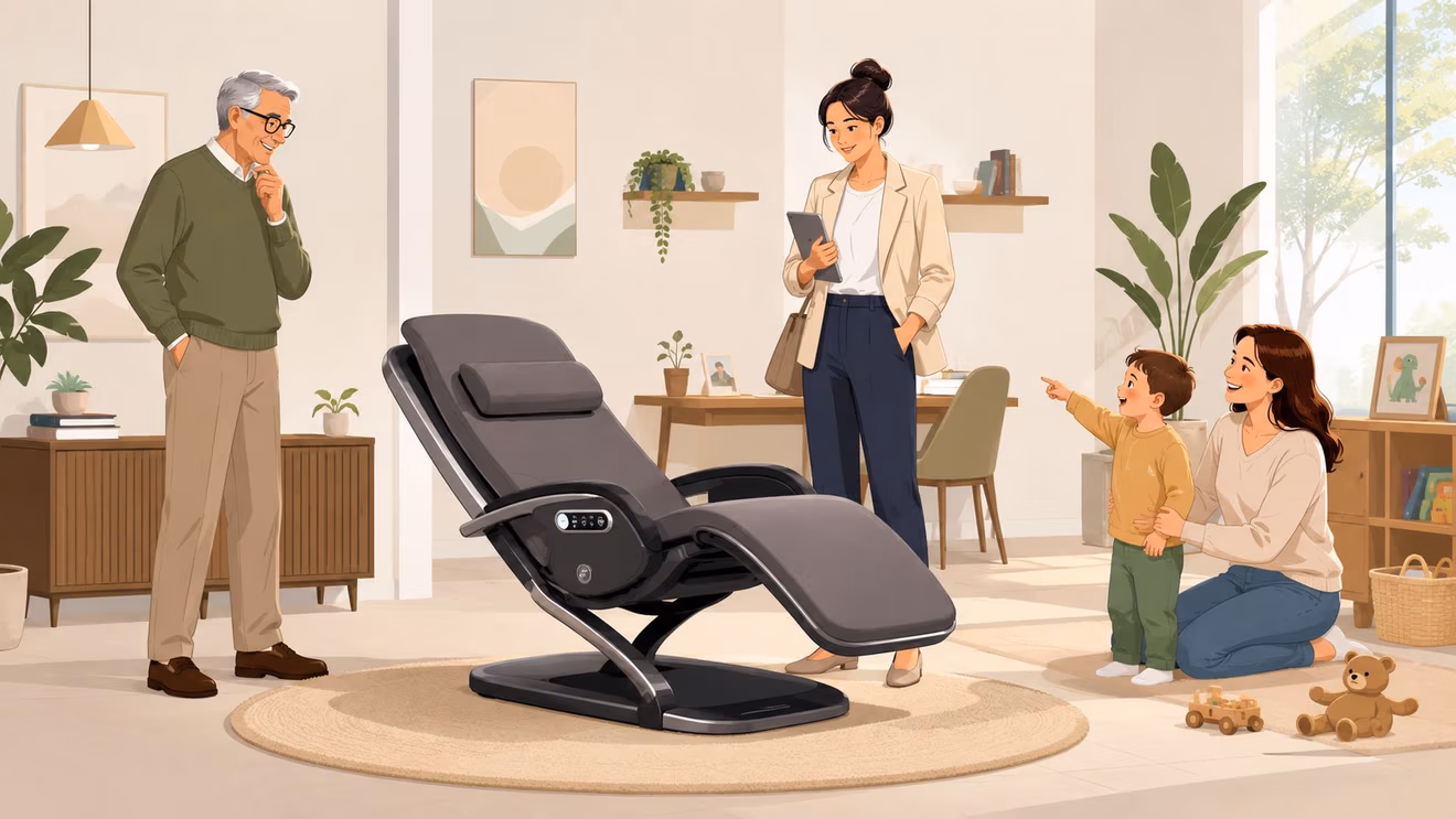 A family and an elderly man admire a modern zero gravity recliner in a bright living room.
