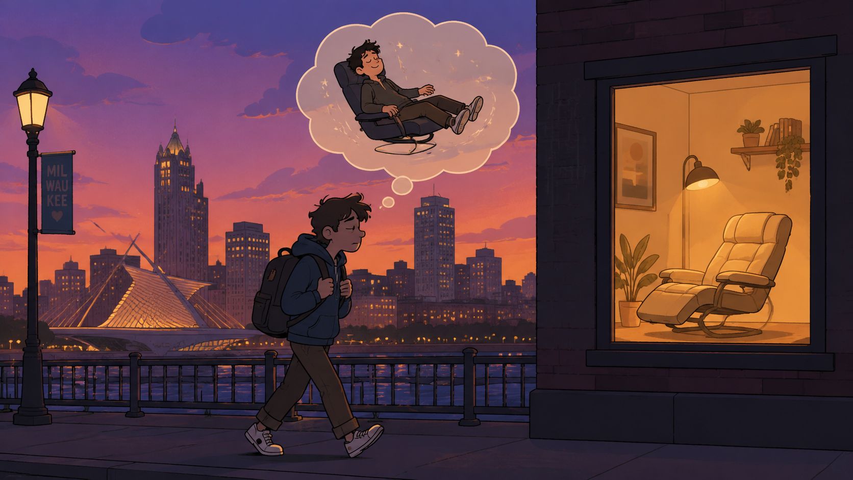A tired person walks past a window display featuring a comfortable zero gravity recliner at sunset.