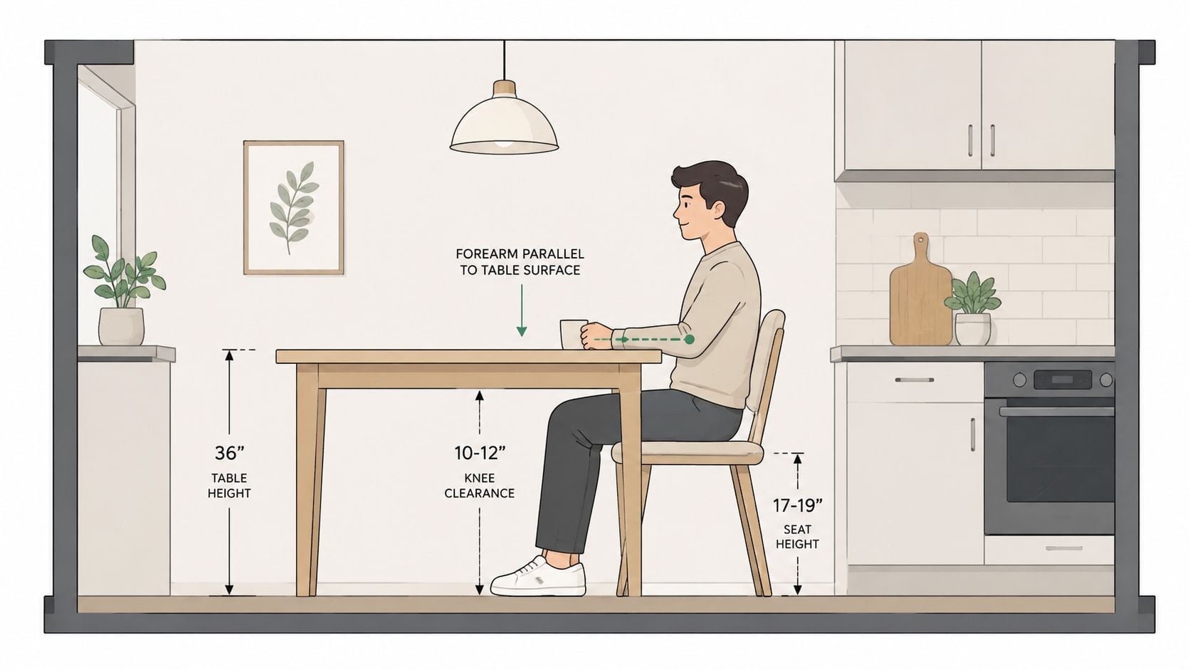 A diagram illustrating ideal ergonomic measurements for a 36-inch height table, including knee clearance and seat height.