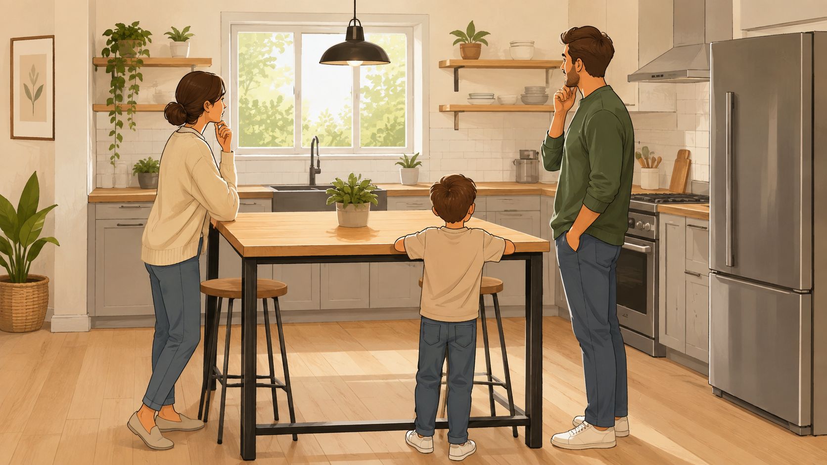 A family of three standing together in a bright, modern kitchen by a wooden kitchen island table.