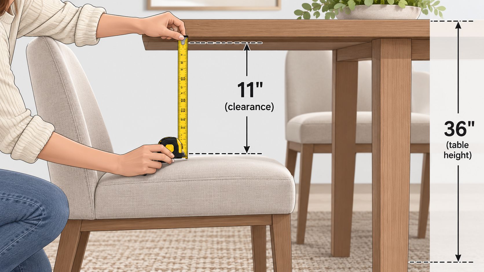 A person using a measuring tape to show eleven inches of clearance between a chair and table.