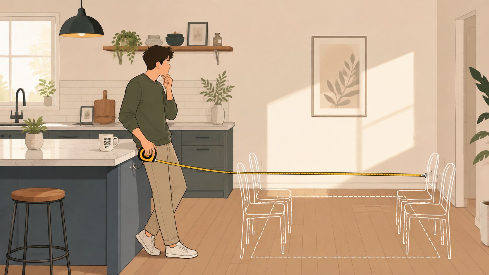 A man uses a tape measure to plan dining room furniture layout near his kitchen island.