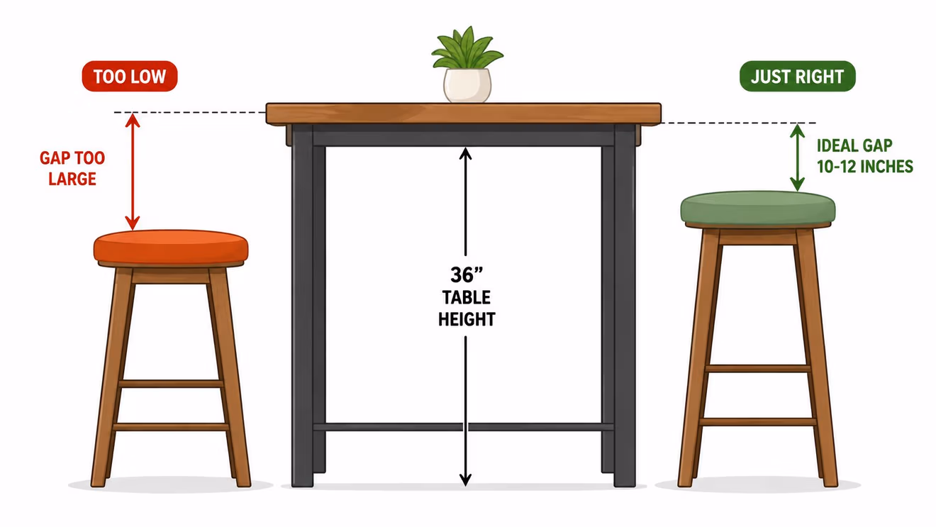 A diagram illustrating the ideal 10-12 inch gap between a 36-inch high table and bar stools.