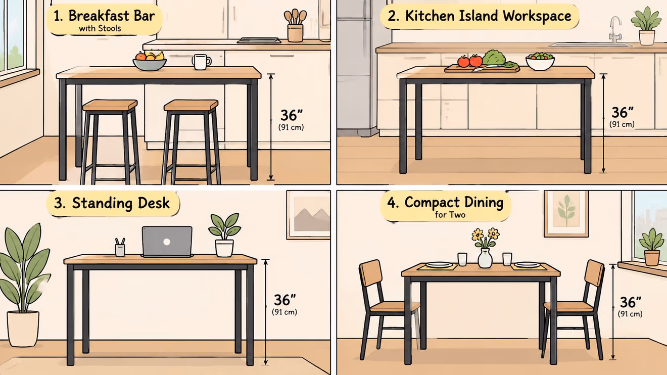 A four-panel illustration showcasing a 36-inch height table used as a breakfast bar, kitchen island, standing desk, and dining table.