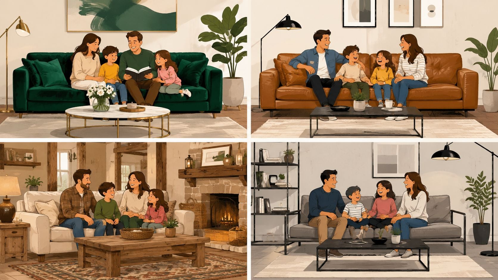 Four different living room scenes featuring a happy family sitting together on various sofas.