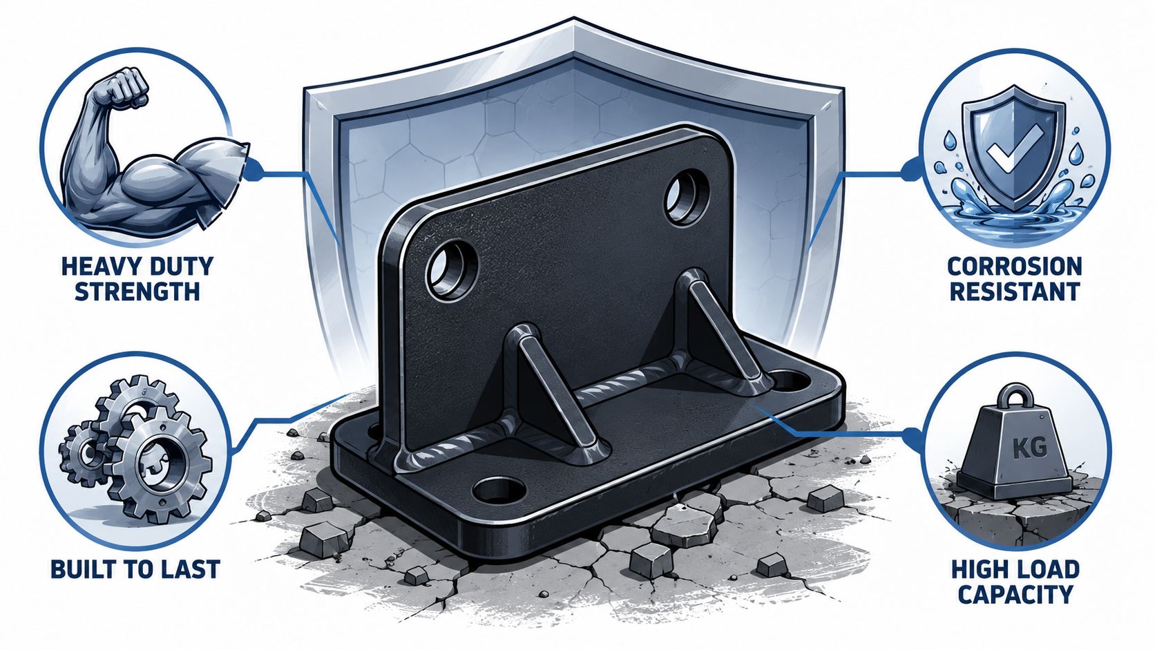 A heavy-duty steel metal bracket featuring reinforced welds, corrosion resistance, and high load capacity, presented with infographics.