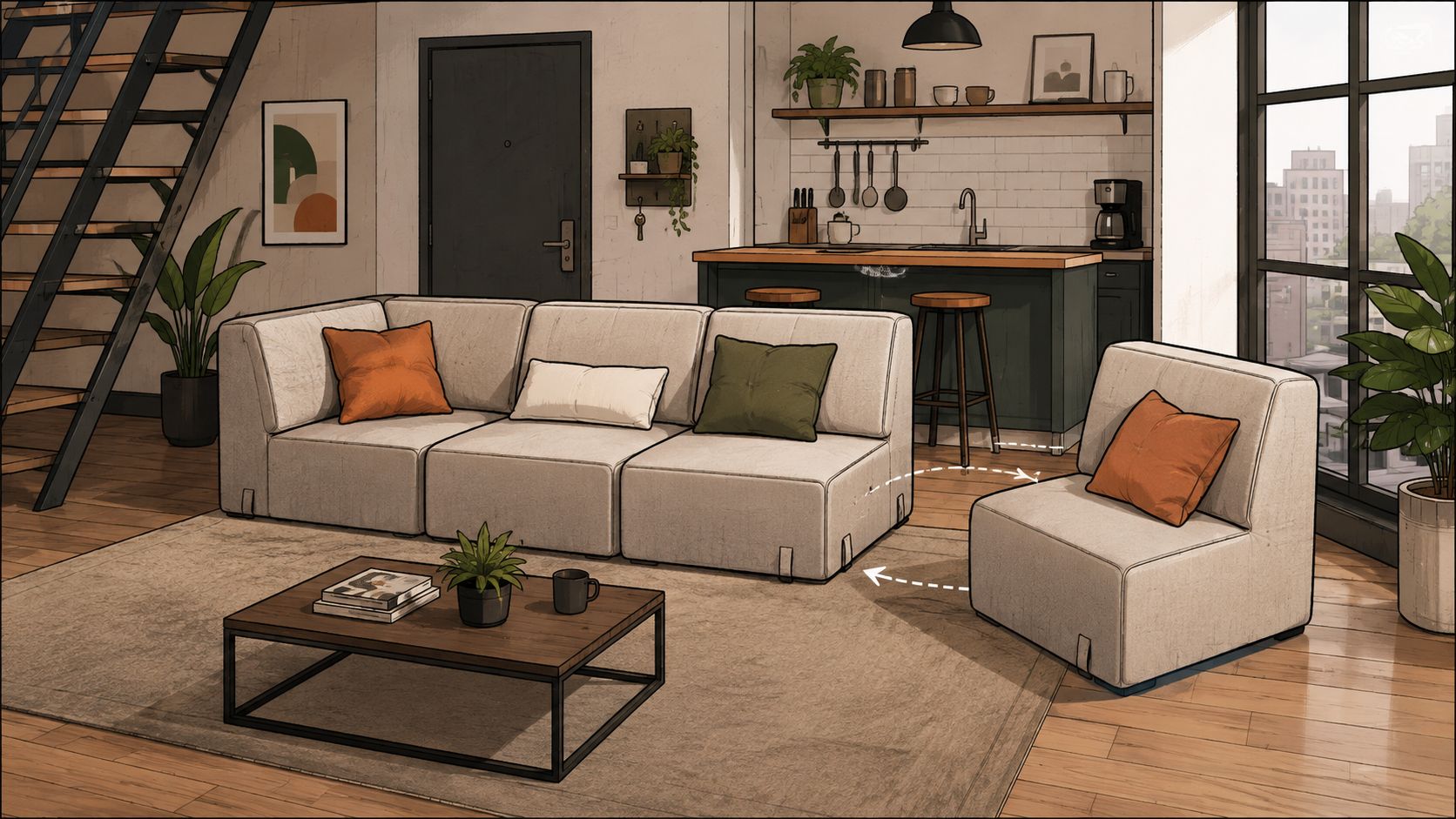 A modern living room featuring a modular sofa set and an accent chair on a large rug.