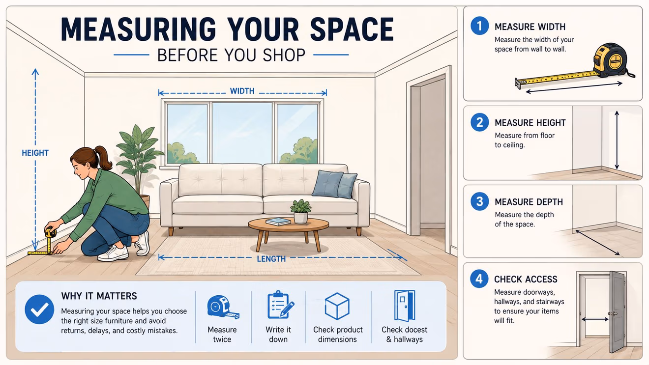 An instructional graphic showing steps for measuring a room accurately before purchasing new living room furniture.