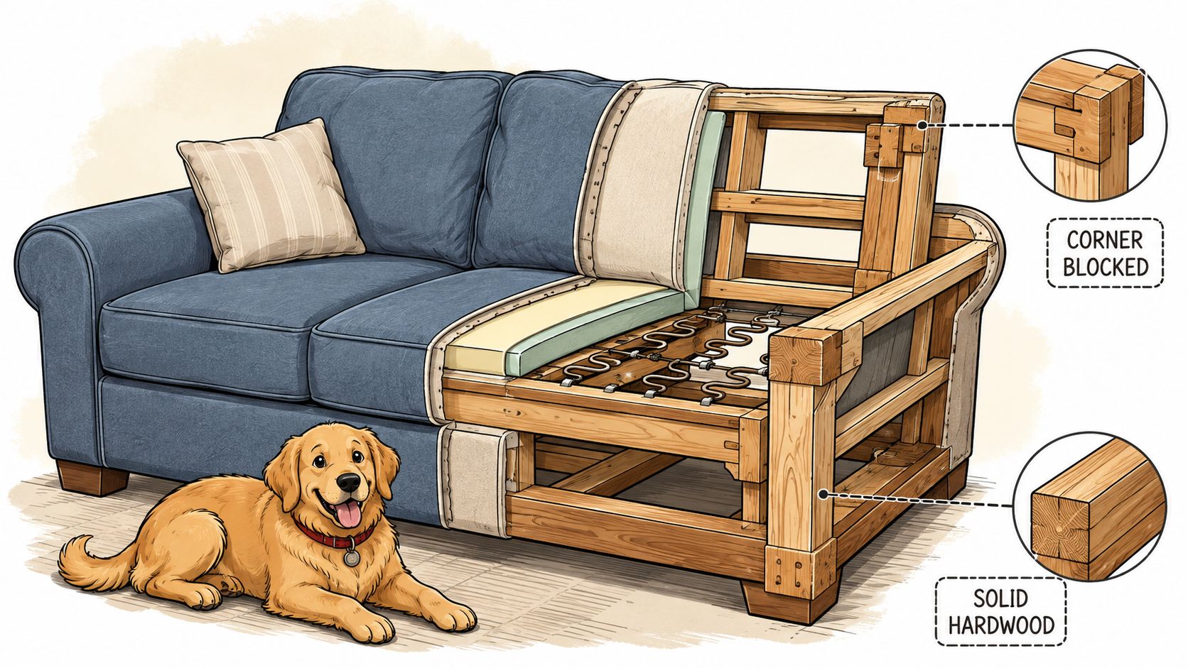 A cross-section illustration showing a blue sofa frame construction with solid hardwood and corner blocked detailing.