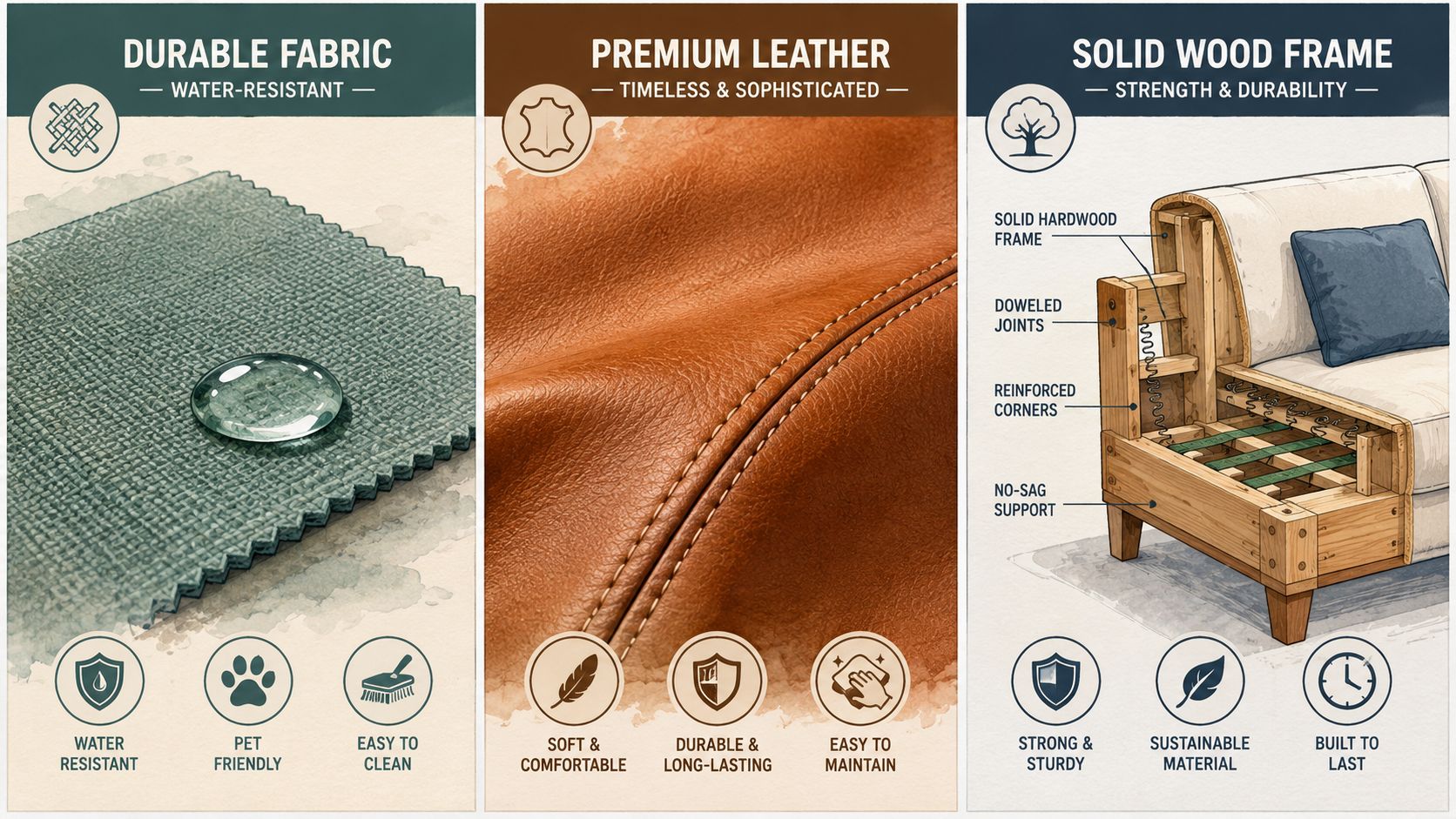 An infographic showing fabric, leather, and solid wood frame features for durable living room sofa furniture.