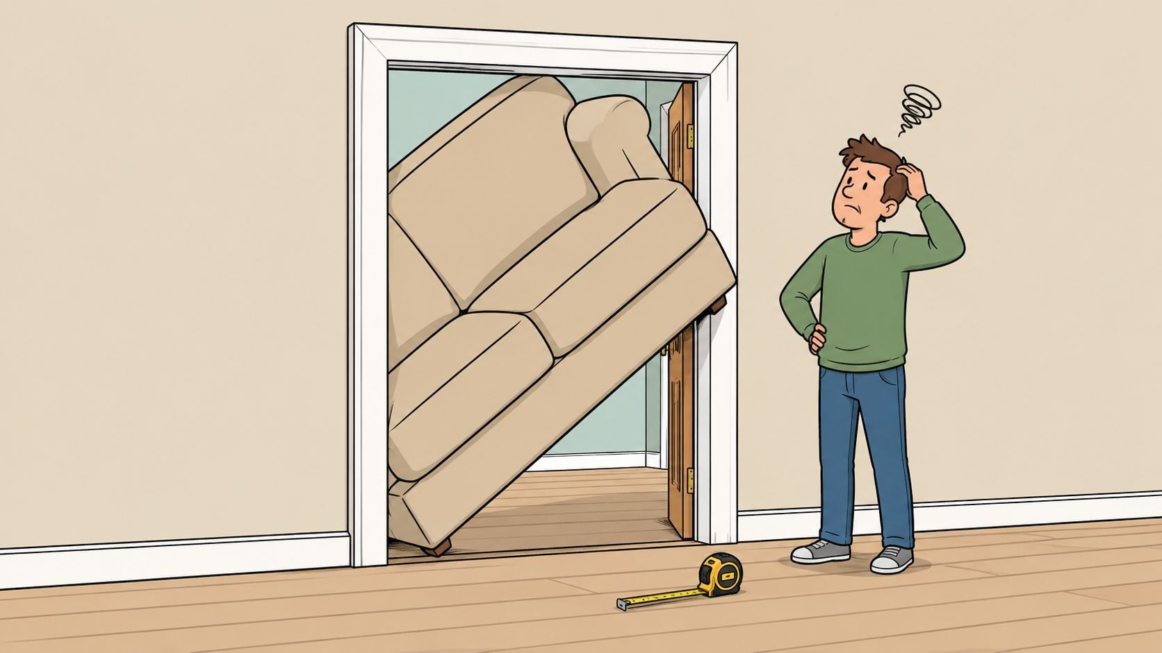 A confused man standing next to a large sofa stuck in a narrow doorway with a tape measure.