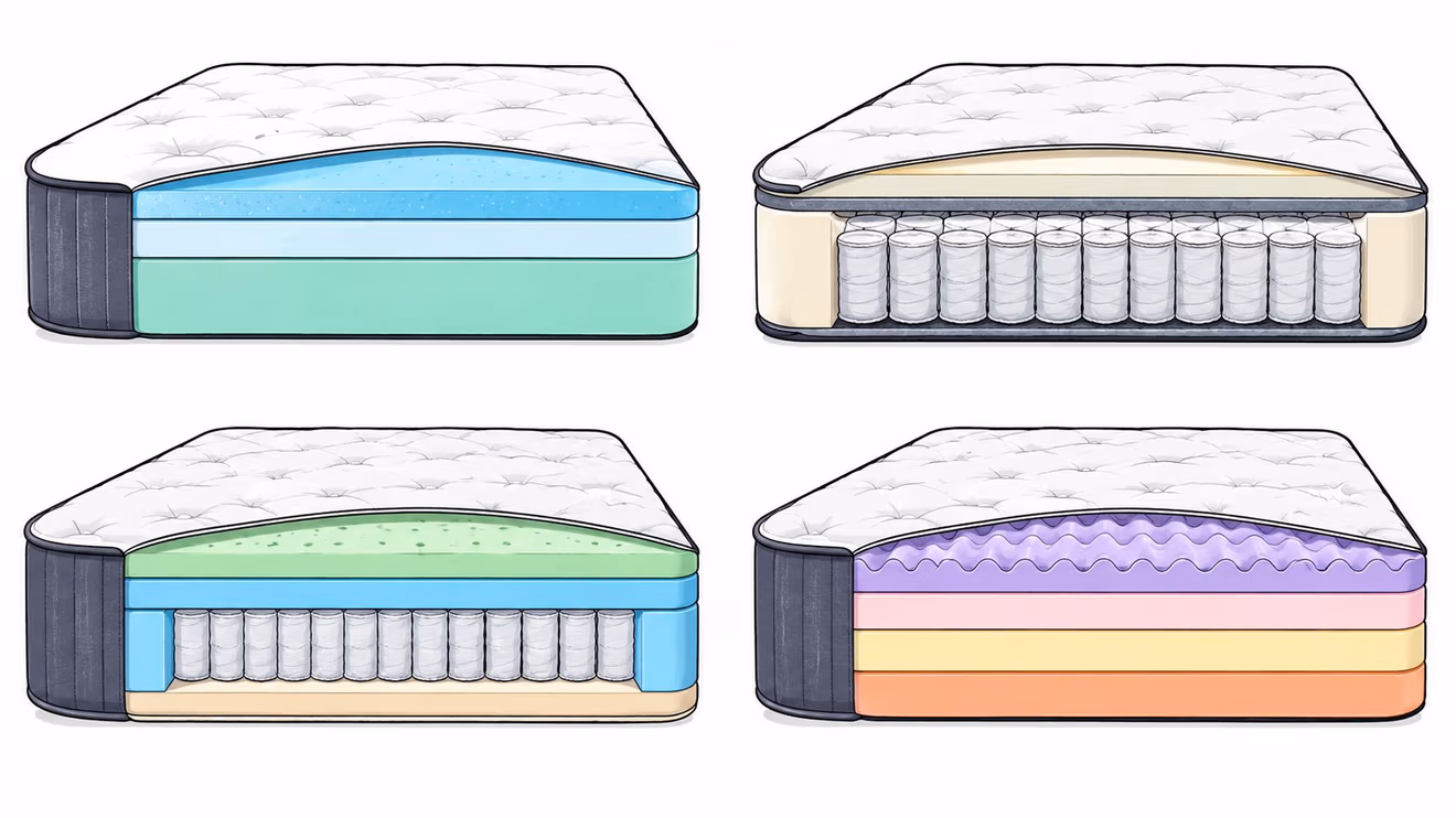Four different types of mattress construction styles displayed in a side-by-side illustration showing various internal layers.