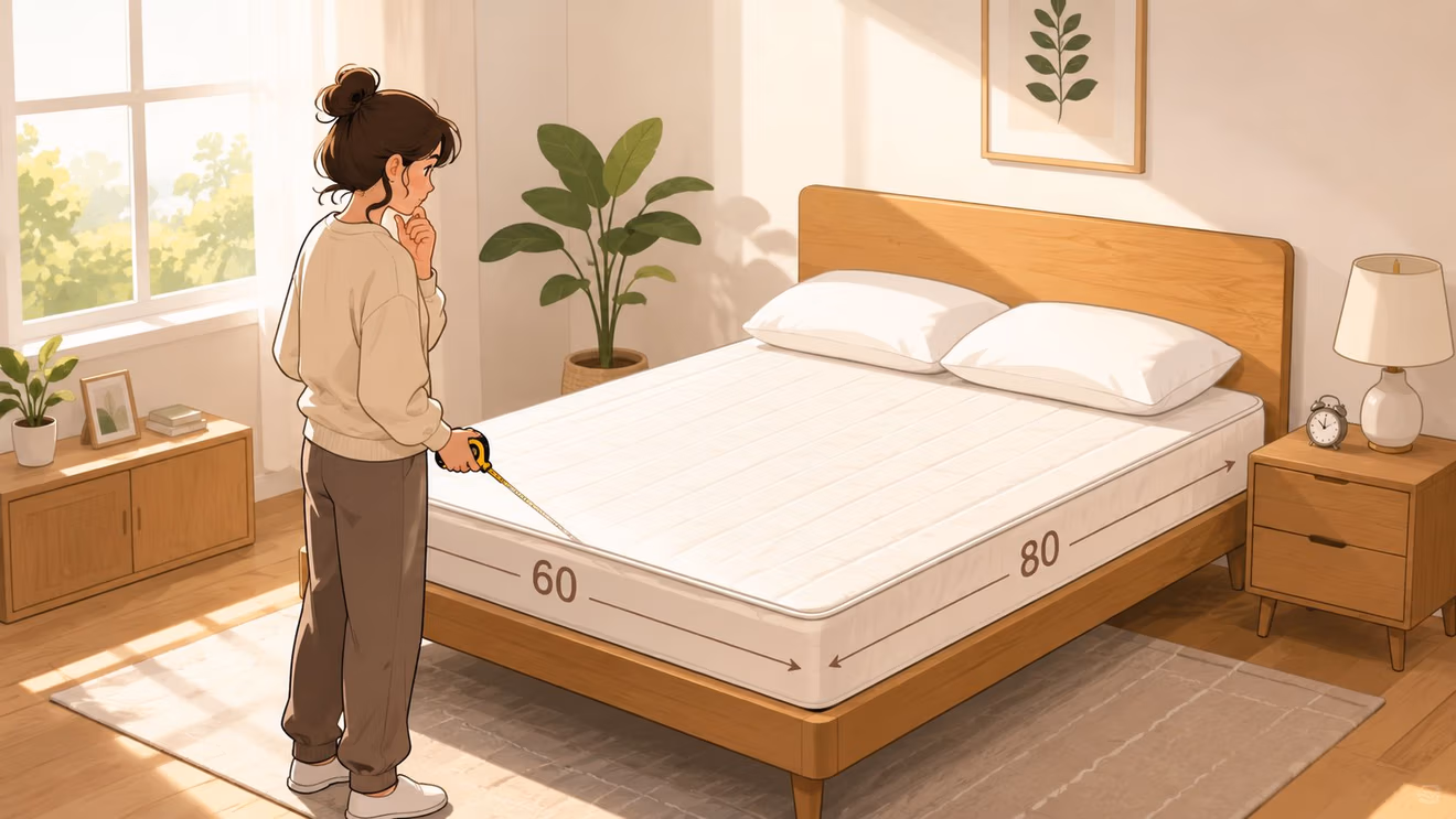 A young woman measuring a mattress with a tape measure inside a cozy and bright bedroom.