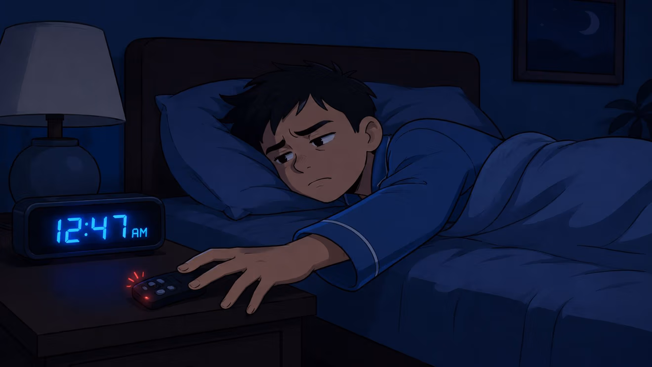A tired person lies in bed at night, reaching for an adjustable bed remote on the nightstand.