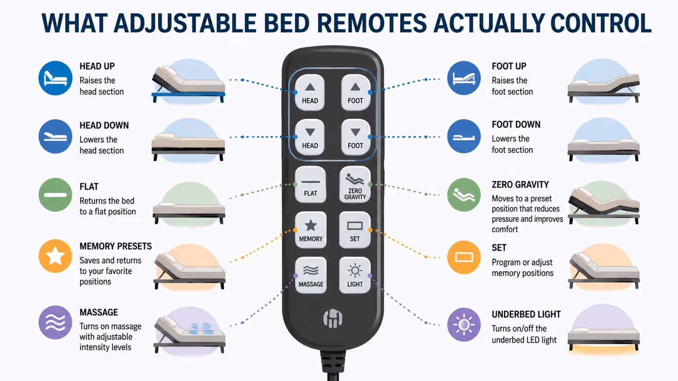 A diagram illustrating the functions of various buttons on an adjustable bed remote control.