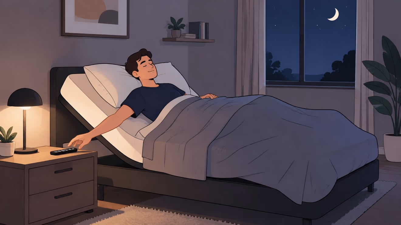 A man relaxing in an adjustable bed at night using a remote to control the bed position.