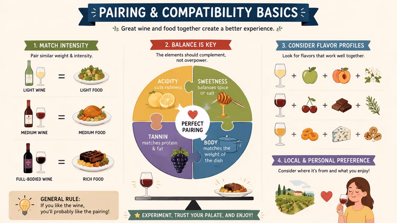 An infographic titled Pairing and Compatibility Basics explaining how to pair wine with different foods correctly.