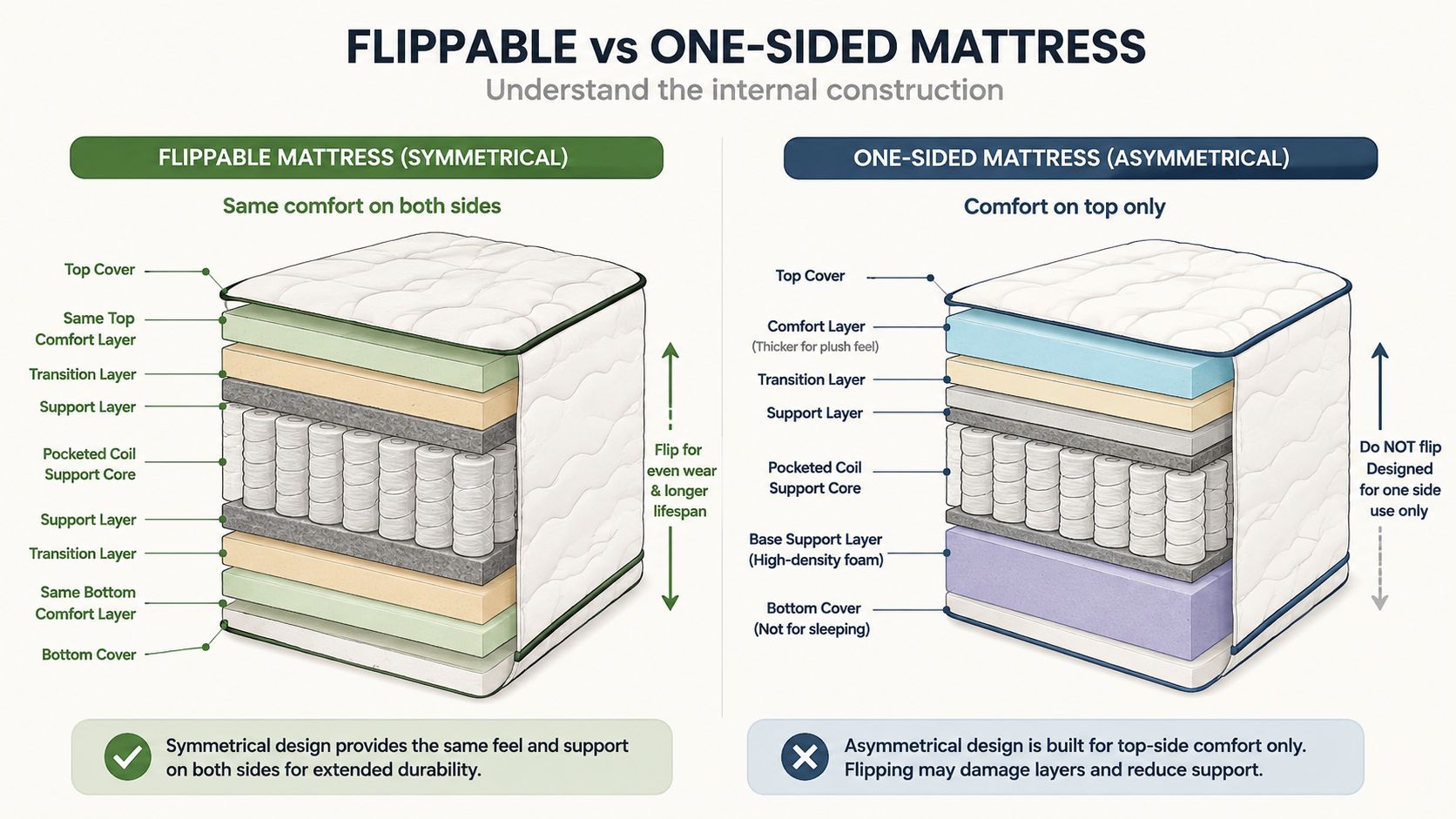 A diagram comparing the internal construction of a flippable mattress with a one-sided mattress showing layer differences.