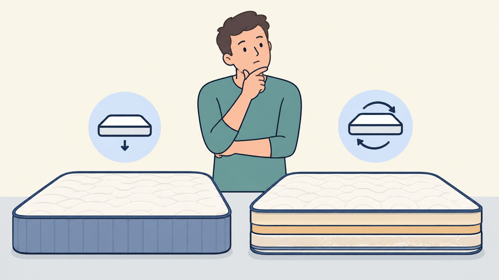 A man considering the differences between a standard non-flippable mattress and a flippable, dual-sided mattress design.