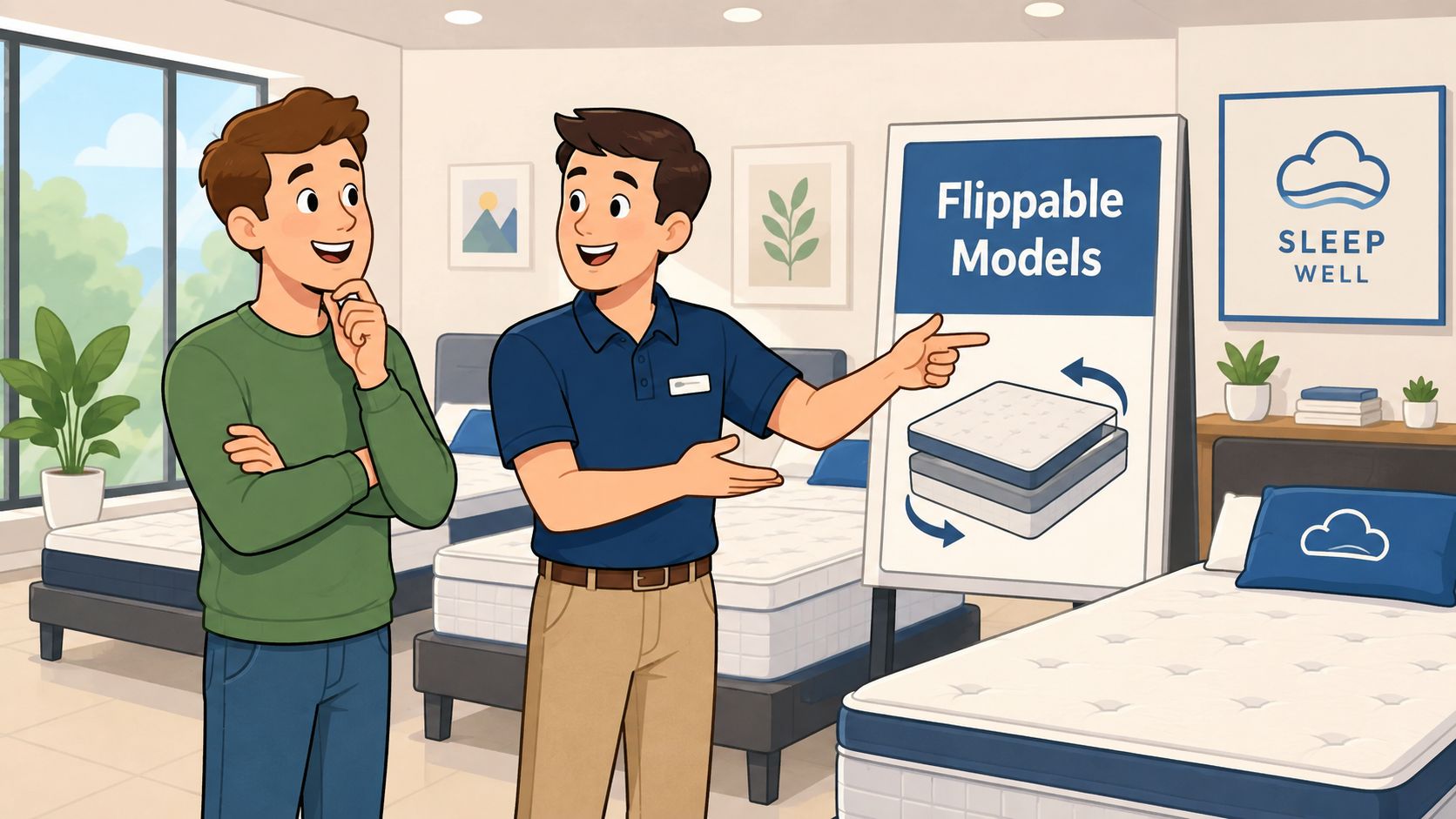 A friendly mattress store employee explains the benefits of flippable mattresses to a potential customer.