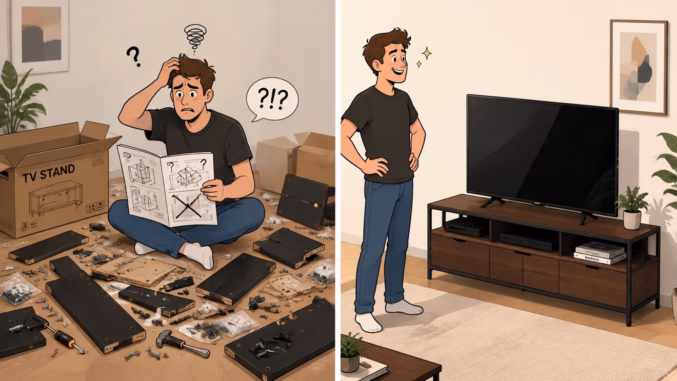 A split image showing a man confused while assembling a TV stand, then standing proudly next to it.