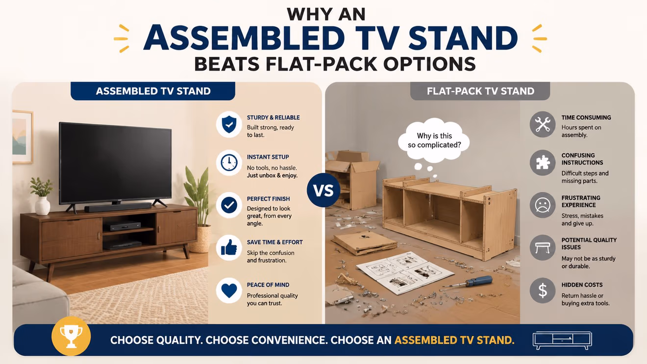 A comparison infographic showing the advantages of choosing an assembled TV stand versus a flat-pack furniture option.