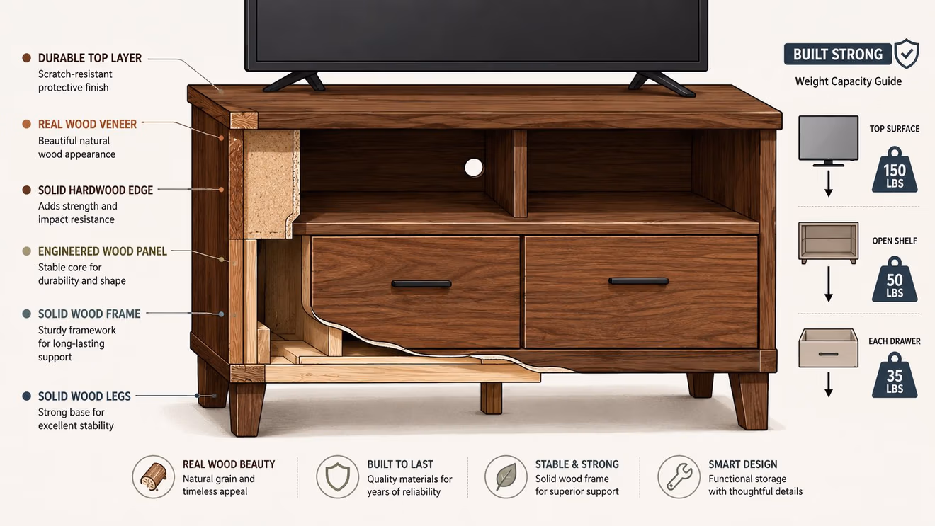 A cutaway view of an assembled TV stand highlighting its durable construction, wood materials, and weight capacities.