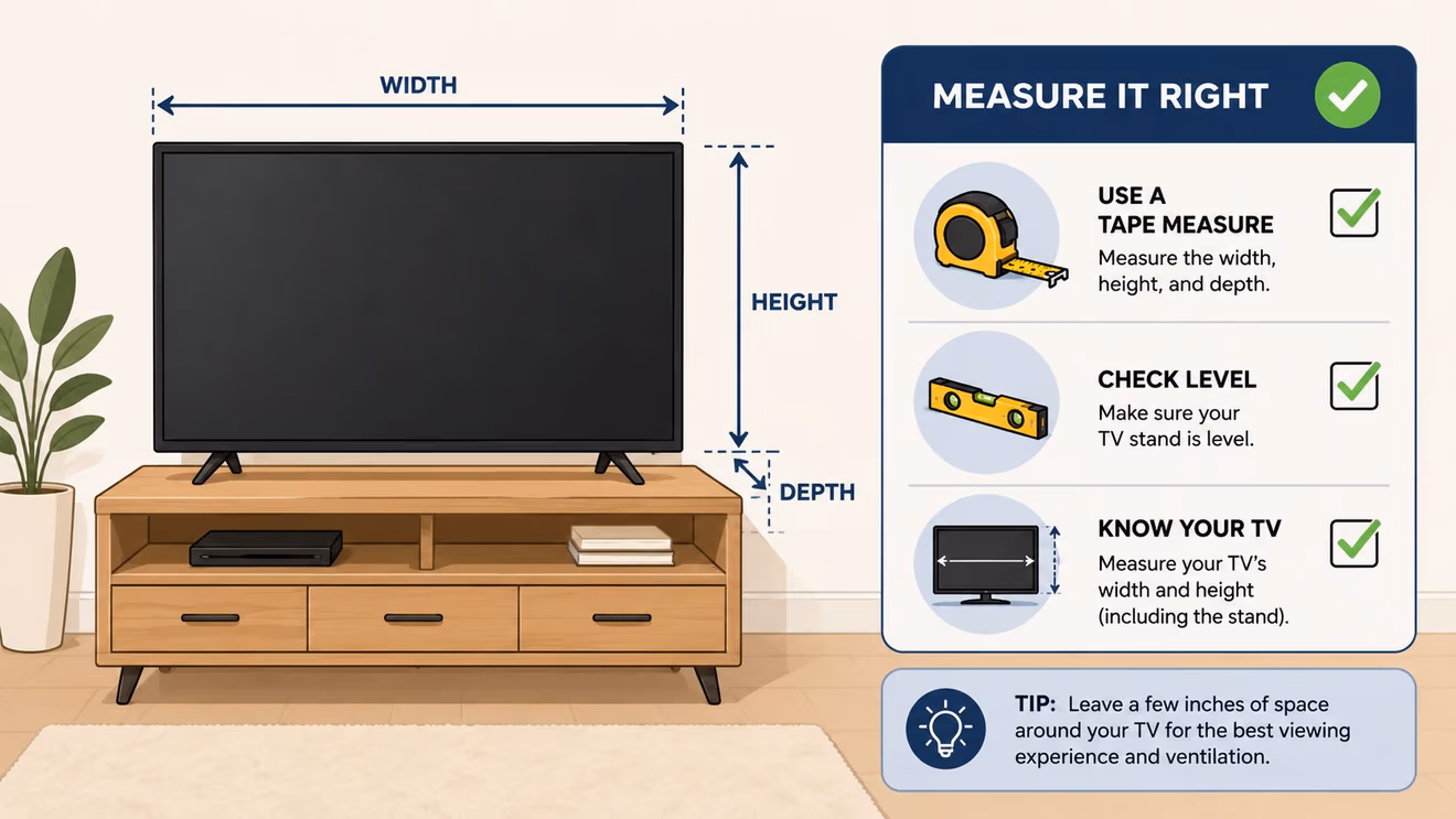 An illustration showing how to measure a television stand's dimensions for proper installation and TV setup.