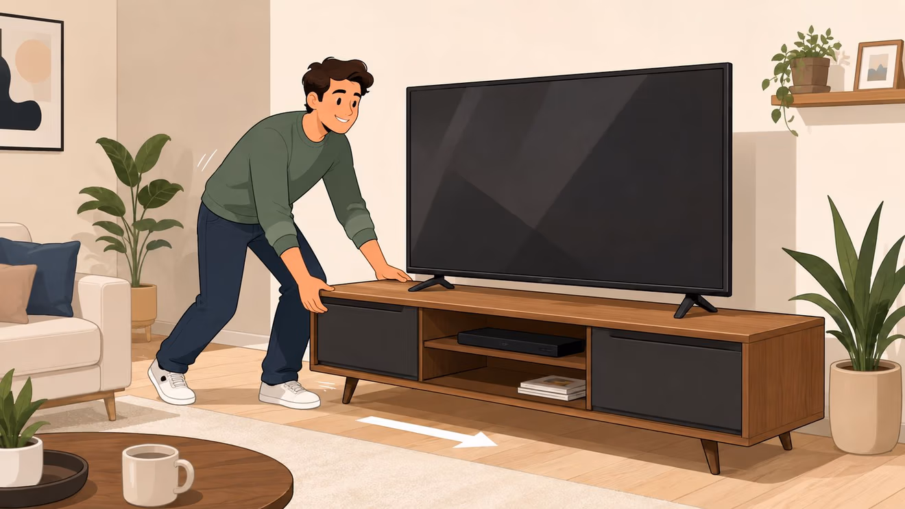 A happy man pushing an assembled wooden TV stand across the living room floor towards the right.