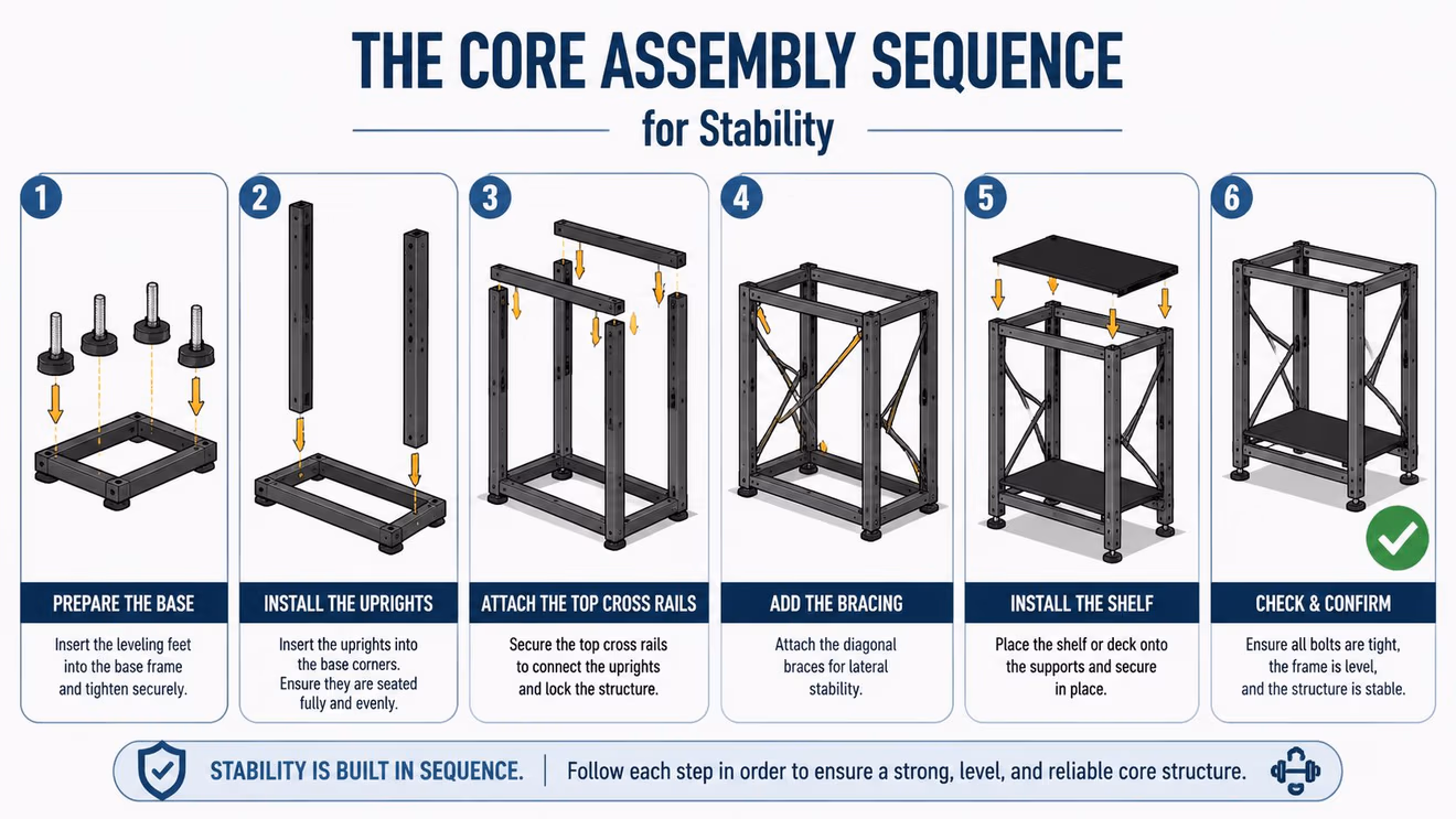 A six-step assembly diagram for building a stable, heavy-duty metal frame storage unit or rack system.