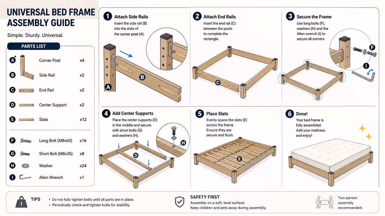 An illustrated six-step assembly guide for a universal wooden bed frame, including a complete parts list.