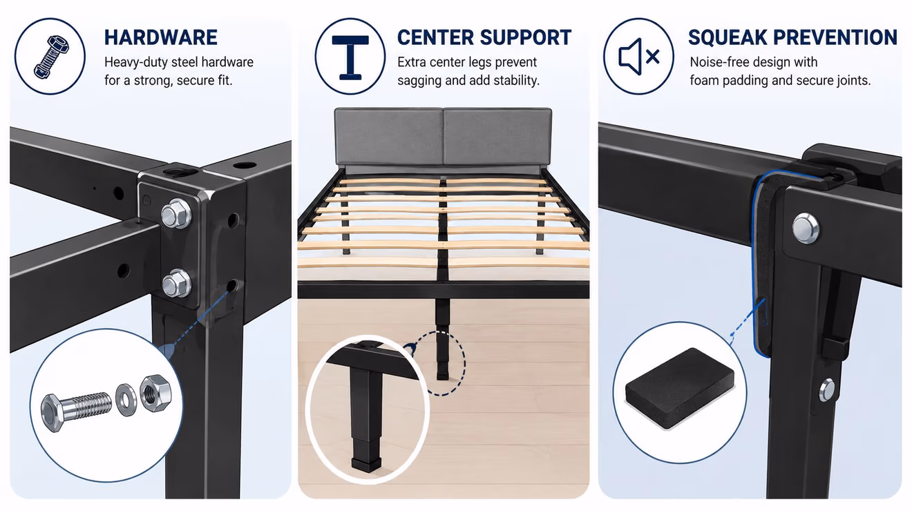 Detailed graphic demonstrating the hardware, center support legs, and squeak-prevention foam padding of a metal bed frame.