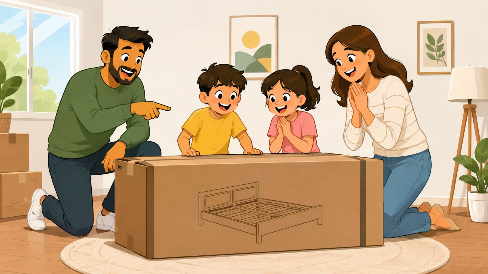 A happy family kneeling together on the floor while excitedly observing a large cardboard box containing a new bed frame.