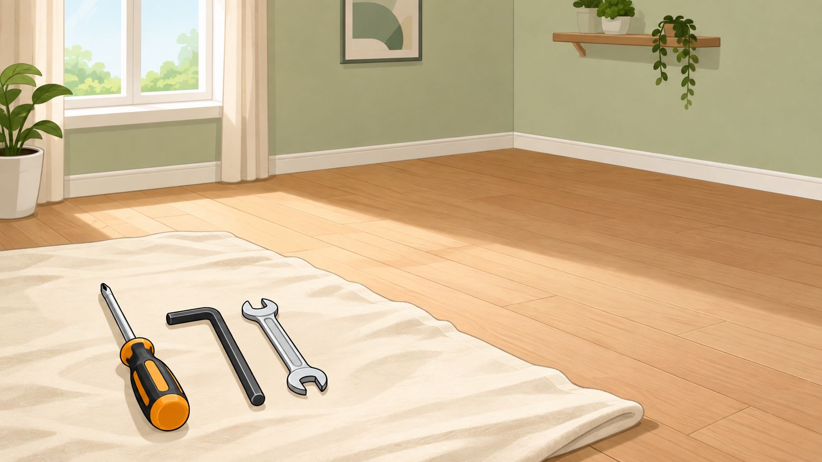 Three professional tools including a screwdriver, hex key, and wrench laid out on a protective drop cloth.