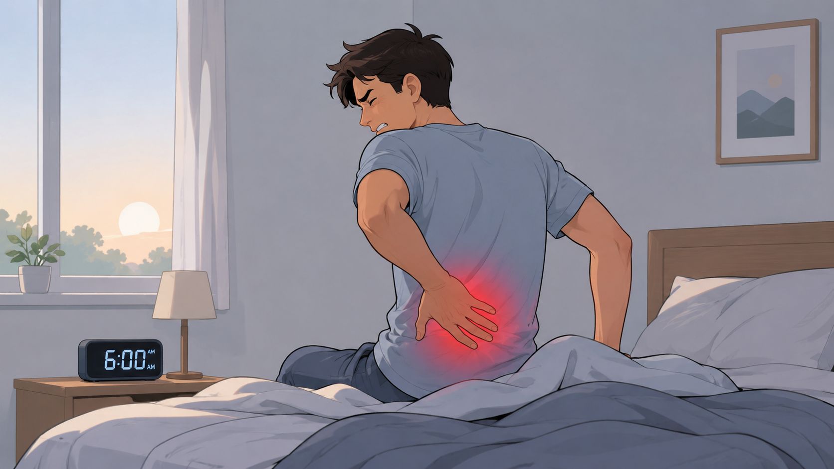 A young man sitting on his bed in pain with lower back discomfort at sunrise