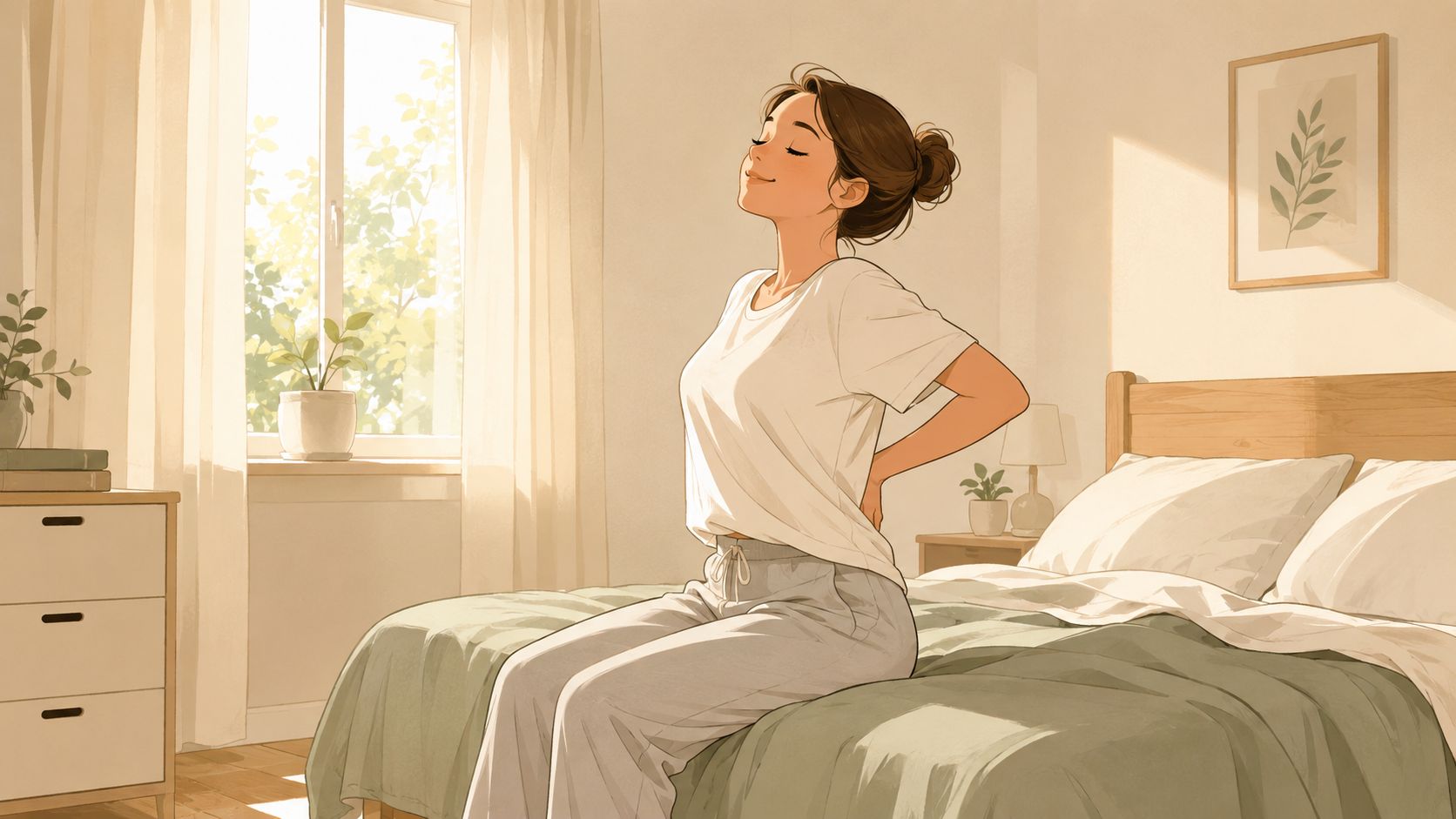 A woman waking up in bed and stretching her back due to morning discomfort in a bright bedroom.